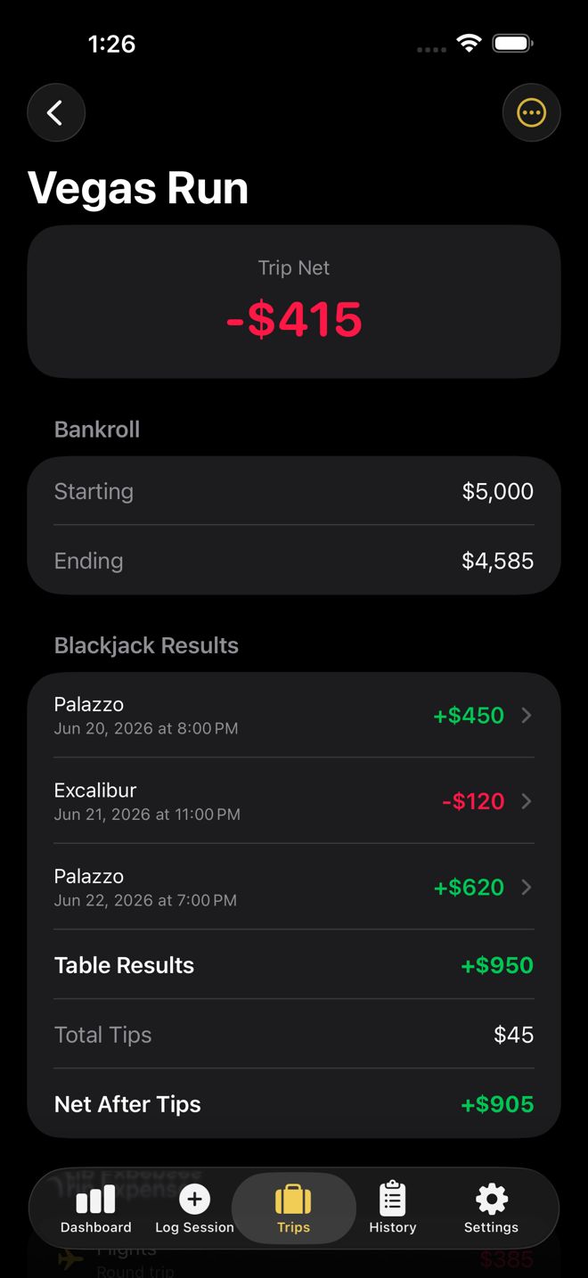 Trip accounting with expenses and net result